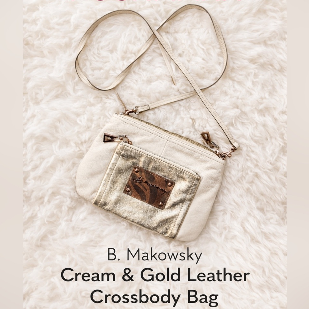 B. Makowsky Cream and Gold Leather Crossbody Bag. Great Condition. Metallic